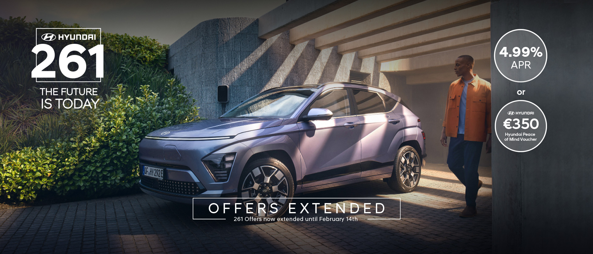 A white Hyundai Kona Electric car is parked with a man standing on the left side and a woman walking past on the right side. The background features a modern building with large windows.